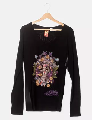 T-shirt Graphique Ed Hardy Vintage – Noir, Manches Courtes – Femme Taille L