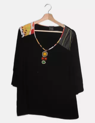 Chemisier Vintage Pause Café Femme - Taille 44, Motif Macramé, Manches Courtes, Occasion Bon état