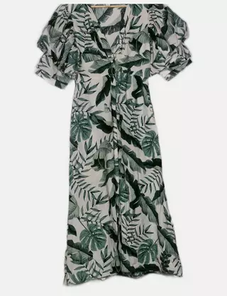 Robe H&M Johanna Ortiz En Lin Et Viscose Vert Imprimé Feuilles - Taille 12