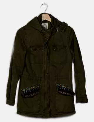 Parka Zara Vert Olive Avec Capuche à Fourrure - Taille XS, Poches, Occasion Très Bon état