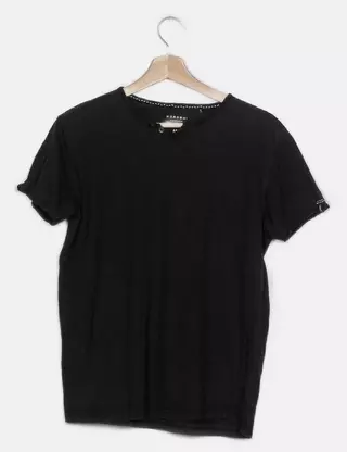 Koroshi - Top a maniche corte, a due tessuti, colore nero, da donna