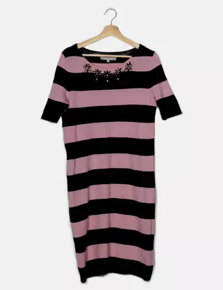 Robe Enveloppante Rayée Marine Et Grise Fenn Wright Manson - Taille 10, Mi-mollet, Occasion Très Bon état