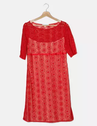 open lace back dress Red Wedding Guest Dress Midi Length Cape Sleeves Homecoming Dresses US2 / Same As Picture