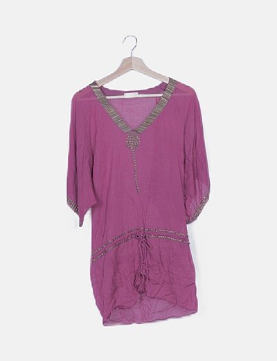 Camisola morada semitransparente combinada paillettes y abalorios