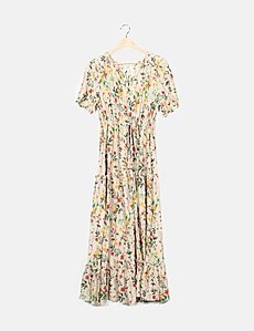 Vestido abotonado beige floral lazo Object