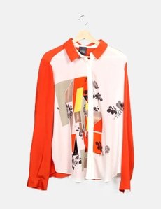 Chemise Femme Marina Rinaldi - Taille L (46) - Coton Fleuri Orange/vert - Manches Courtes - Très Bon état Occasion